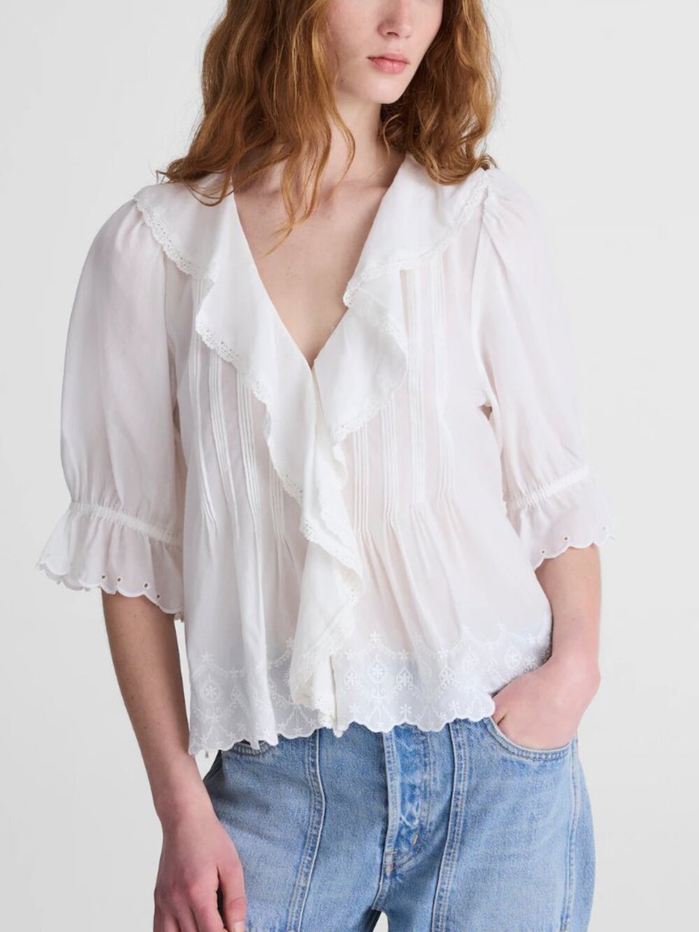 Madewell Blaire Eyelet Pintuck Embroidered Ruffle Sleeve Top White Size XL NWT